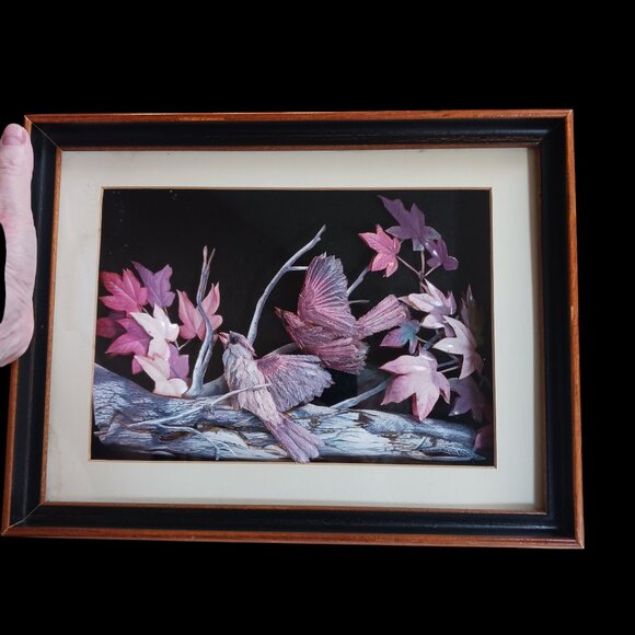 Vintage MCM Feather Art Shadow Box  3D Art Pastel Birds Artisan Handcrafted - Picture 1 of 15
